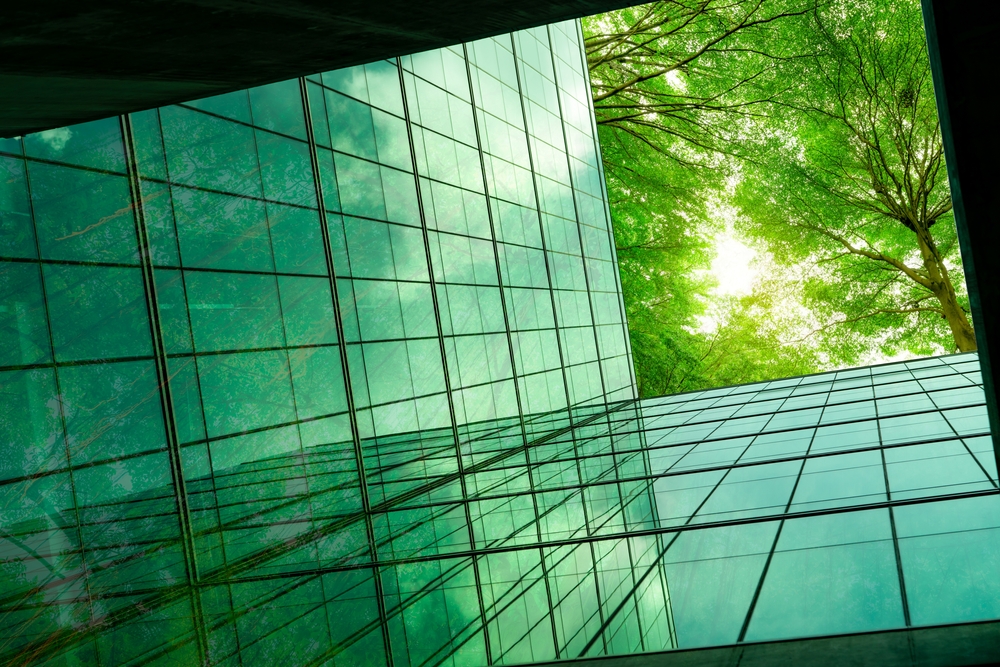 Eco-friendly,Building,In,The,Modern,City.,Green,Tree,Branches,With